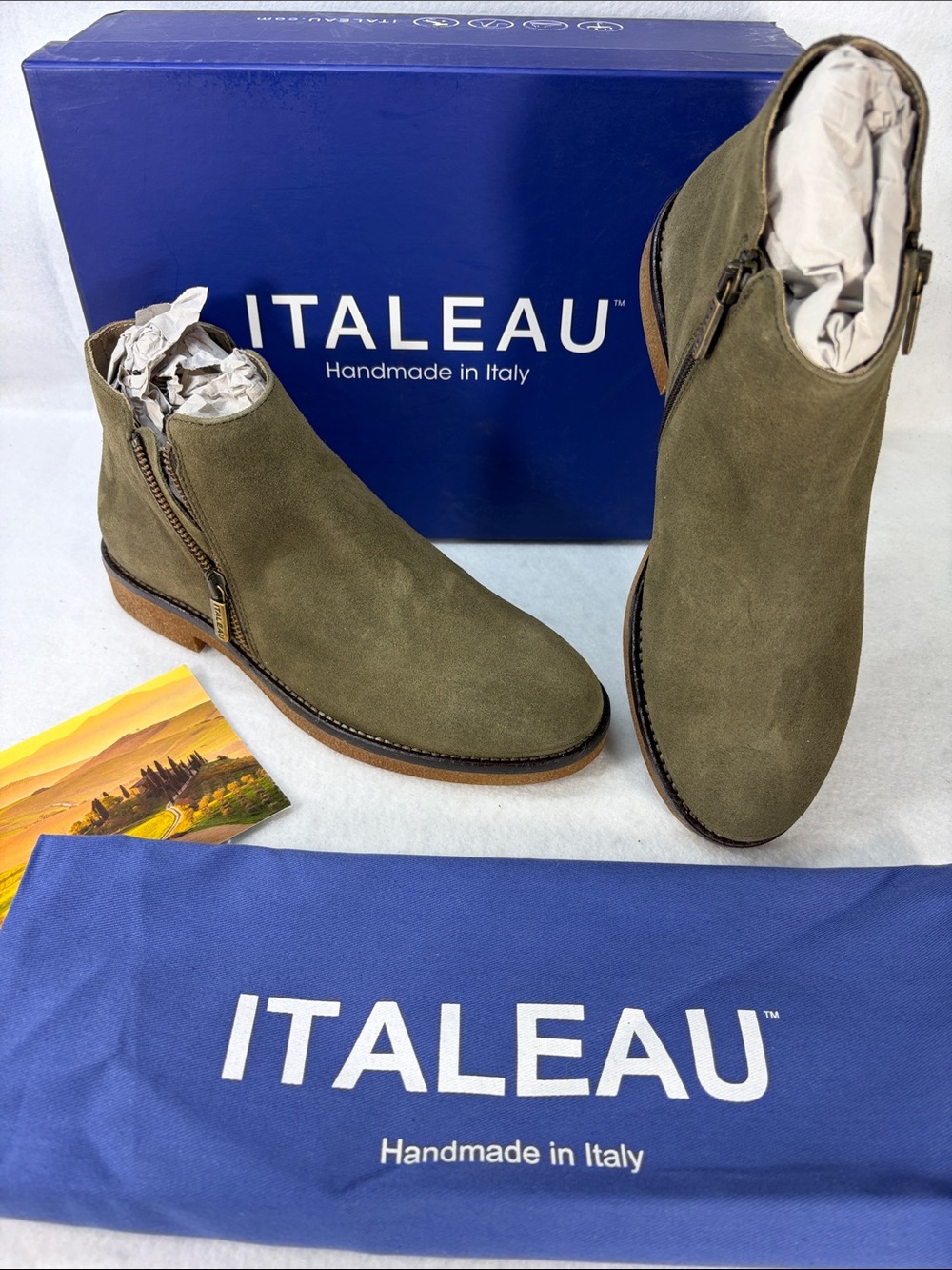 Sz 9 /39 NIB Italeau Foliana Velour Militare Suede Ankle Boots Chukka Side Zip